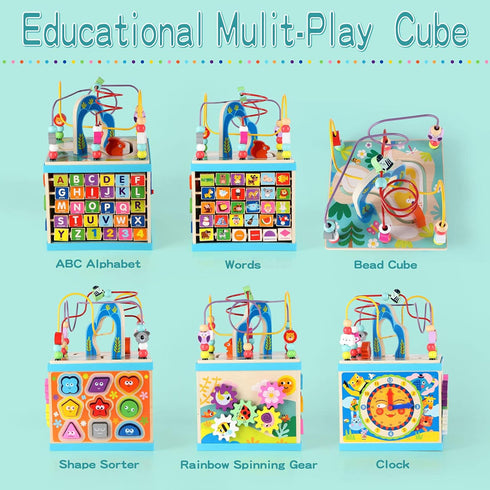Qilay Wooden Activity Cube for Toddlers 1-3 - 5 in 1 Multipurpose ABC-123 Abacus Bead Maze Shape Sorter