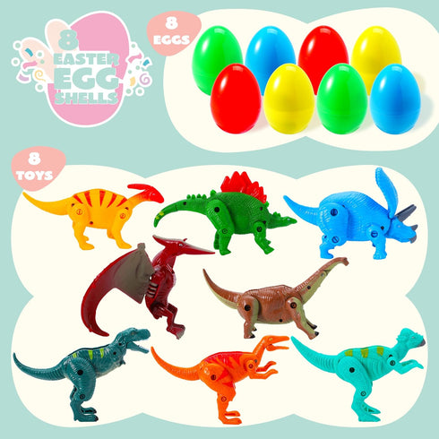 8 JOYIN Pcs Easter Prefilled Eggs Filled with Deformable Transforming Dinosaur with Movable Joints for Easter Basket