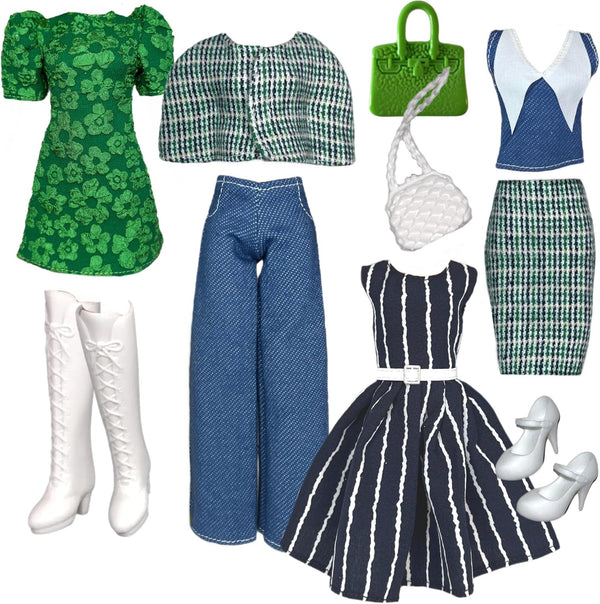 Eledoll 11.5 inch Doll Clothes Lot, Deluxe Fashion Pack Green/Blue Tweed Blazer Suit Set, Evelyn Grace 1950's