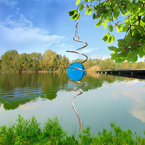 Gazing Ball Spiral Decorative Wind Spinner, 13 Inch with Swivel Hook and 2 Inch Aquamarine Glass Ball for Unique Indoor