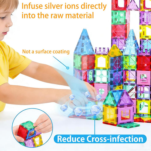 124PCS, 4 Set Upgraded Antibacterial Magnetic Tiles Including Large Square Tiles, Magnetic Building Blocks, Inhibits