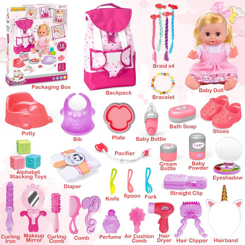 Set, 36PCS Playset, 14'' Backpack, 3 4 5 6+ PROOU Baby Care Doll Toys Dolls Hair Salon Pretend Play Toddler Doll Toys