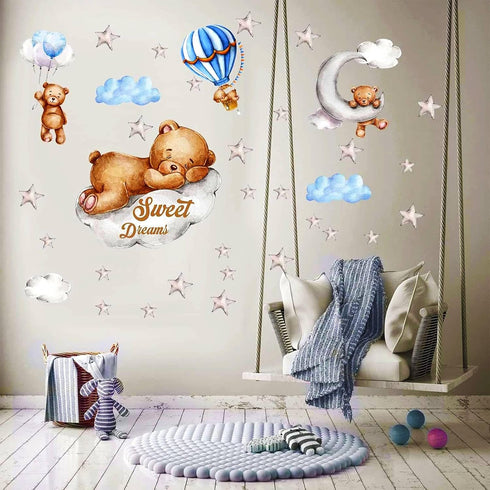 Tedy Bear Moon & Stars Wall Decor, Sleeping Bear Wall Stickers for Baby & Nursery Room Decor
