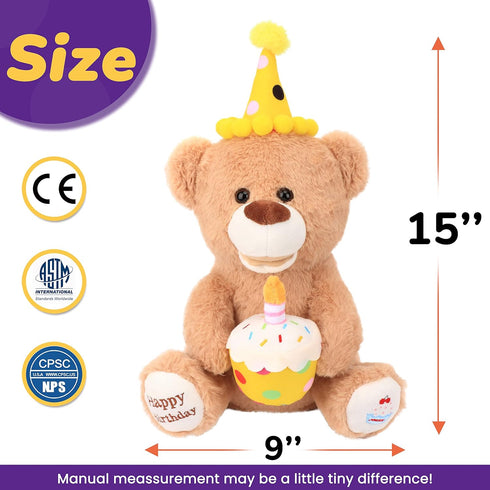 Hopearl Happy Birthday Teddy Bear with Glowing Cupcake - Musical Stuffed Animal Bear, Interactive Kids Gift, Brown