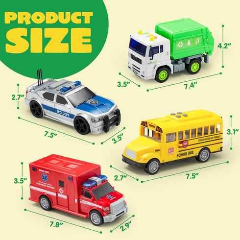 JOYIN 4 Pcs 7" Long Vehicle Toy Set, Toddlers Cars with Lights and Siren Sound, Birthday Party Gifts