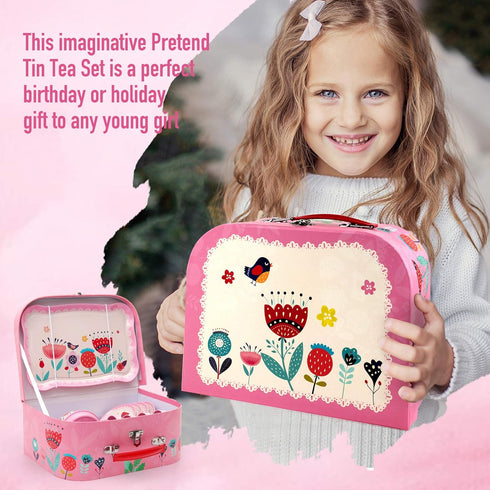 Set 15Pcs Set Playset D-FantiX Kids Tea for Little Girls, Pink Tin Tea Party for Toddlers Afternoon Tea Time with Metal