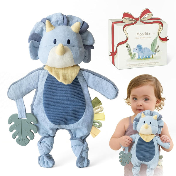 Moonkie Baby Lovey with Silicone Teether, Dinosaur Security Blanket with Textured Ribbons,