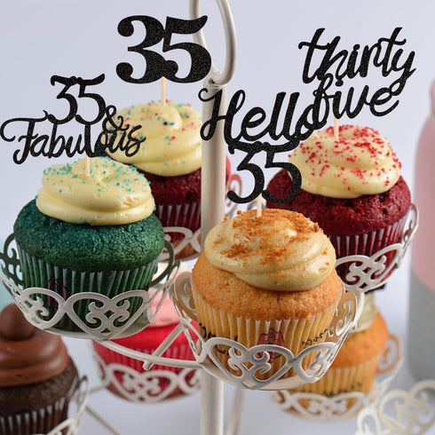 24 PCS 35th Birthday Cupcake Toppers, Hello 35 Cake Topper Thirty Five & Fabulous Cupcake Picks Decorations