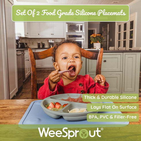 2 Pack WeeSprout Silicone Suction Placemats for Babies, Toddlers & Kids, Durable Food Grade Silicone with Non-Slip