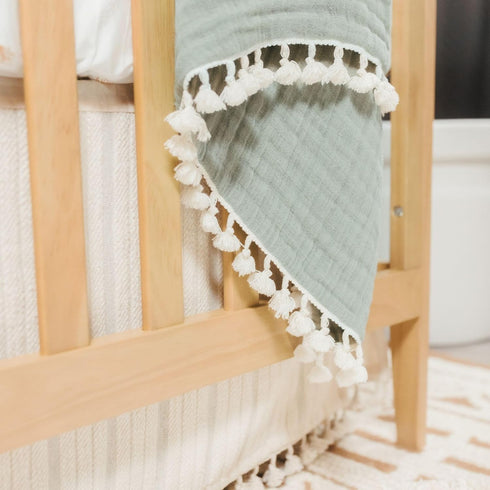 6-Layer 30" 40" Crane Baby Green Muslin Baby Blanket, Cotton Baby Swaddle, Soft Cotton Lightweight Nursery and Stroller