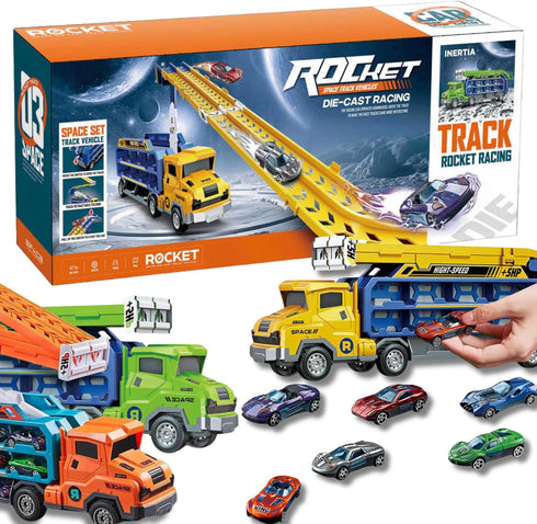 Hot Carrier Transport Truck Toys - 7-in-1 Big Storage Truck with Dual-Racing Track, 6 Die-Cast Cars, Gift for Kids
