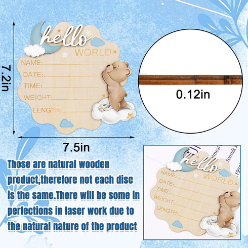 FYSUIMU Bear Theme Birth Announcement Sign Hello World Newborn Sign Cute Blue Bear Newborn Milestone Wooden Board
