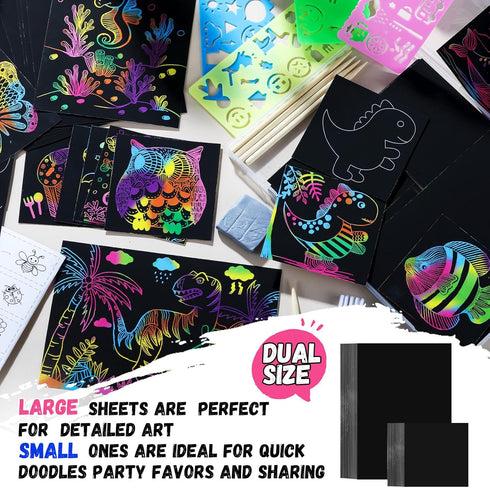 100 4-8 8-12 Scratch Art for Kids, Funtopia Sheets Rainbow Scratch Paper, Black Scratch Off Paper Craft Kits, School