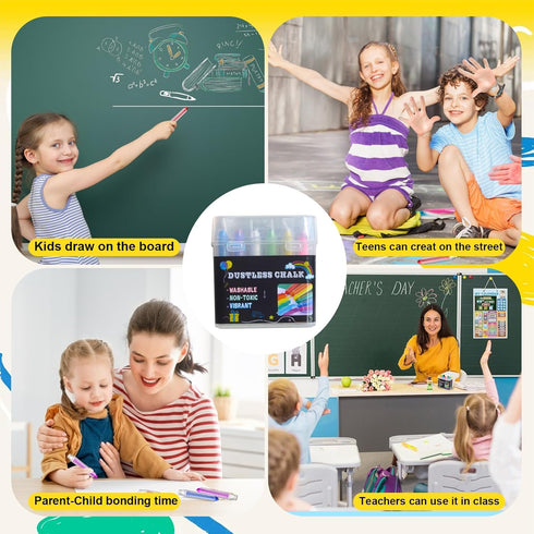Set 12 Holder+12 Dustless Chalk for Kids, Chalks with Twistable Refills+Wet Wipe Eraser, Non-Toxic Washable Chalkboard