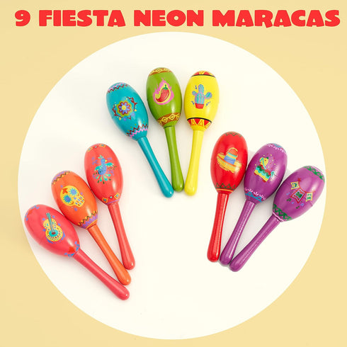 JOYIN 9 Pcs Fiesta Wooden Maracas - 9 Designs Noisemaker for Cinco De Mayo Party Favors and Mexican Decorations