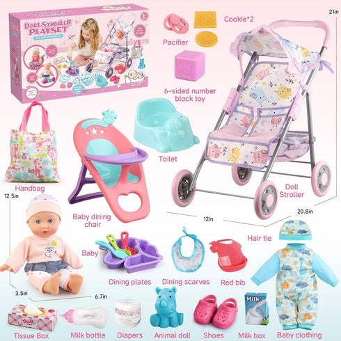 Set 12.5" 2 Sets 20 3, 4, 5, 6 YIYBM Baby Doll Stroller Play with Baby Doll,Dining Chair, Clothes and PCS Doll