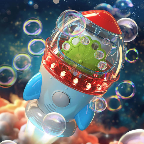 Automatic Bubble Machine, 360° Rotatable Rocket Bubble Blower with Lights & Music for Kids, Indoor Outdoor Use