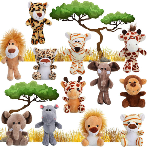 Sumind 12 Pieces Mini Stuffed Forest Animals Plush Toys, Cute Elephant, Lion, Giraffe, Tiger for Animal Themed Parties