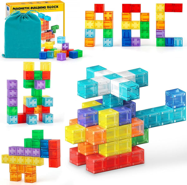 TENYEAH 56 PCS Magnetic Blocks, Transparent Magnet Building Blocks for Toddlers, Preschool Educational