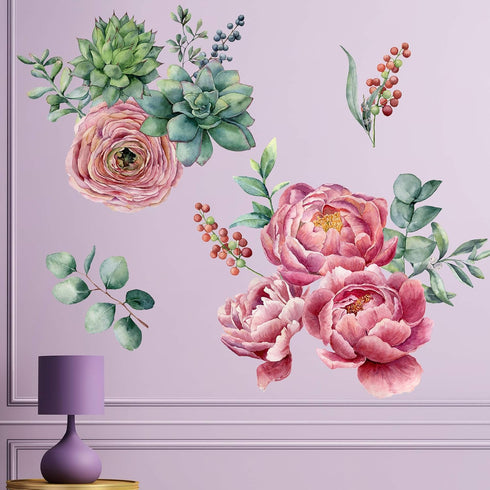Amaonm Removable 3D Pink Red Peony Flowers Wall Decal - DIY Peel and Stick Art Decor for Kids Bedroom