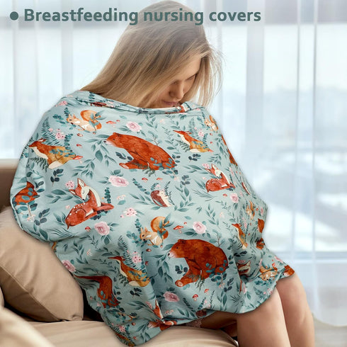 Baby Car Seat Cover, Multi-use Nursing Cover for Breastfeeding, Stretchy Stroller Canopy, Woodland Animal Bear