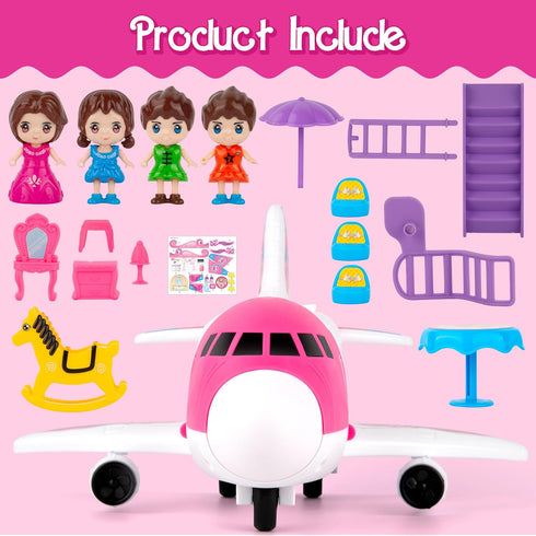 XDUOYJOY Pink Airplane Toy for Kids, Plane Toys with Dolls, Furniture and Accessories for Boys Girls Birthday, Toy