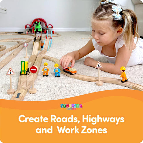 Community Set 310 Wooden Traffic Signs & Helper Figures Toy Includes Police, City & Construction Workers, Road Signs