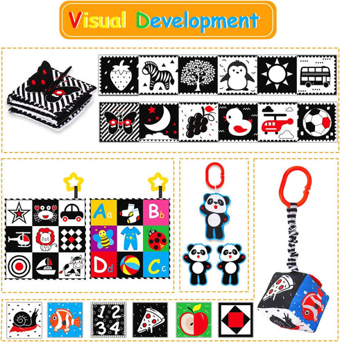 4 PCS High Contrast Black and White Baby Toys - Montessori Crinkle Sensory Book, Tummy Time Mirror, Rattle Gift