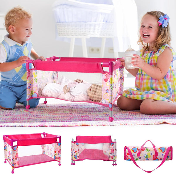 BABESIDE Baby Doll Crib, Foldable Baby Doll Bed for 17-21 Dolls, Doll Pack n Play Kids Gift with Storage Bag (Pink)