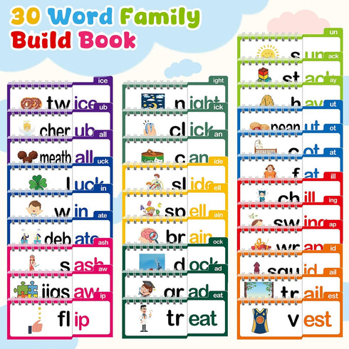 30 3-8 Word Family Build Book, Read and Rhyme Flip Activity Book, ABC Vocabulary Flash Cards CVC Words Reading Games