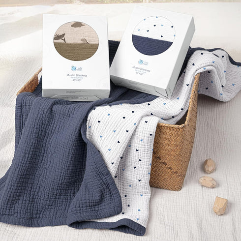 30"x40"(Blue) lulumoon Baby Blanket for Newborns: Muslin Swaddle for Receiving Neutral - Crib Quilt for Travel Boy