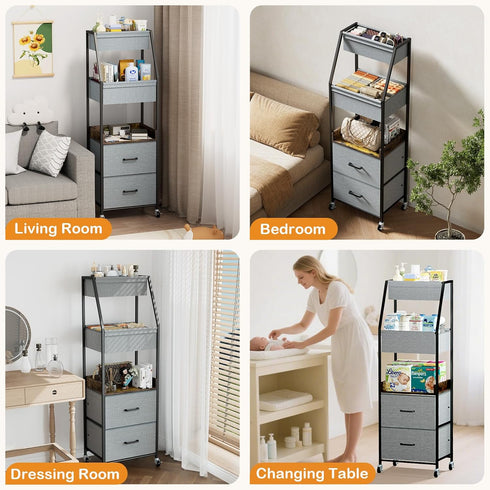 Lurgno 5 Baby Diaper Caddy Organizer and Storage - Tier Rolling Cart with Dividers and Drawers, Mobile Utility Cart