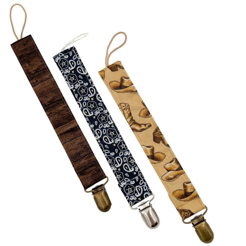 Western Cowboy Pack Of 3 Fabric Pacifier Clip Holder for Infant Baby