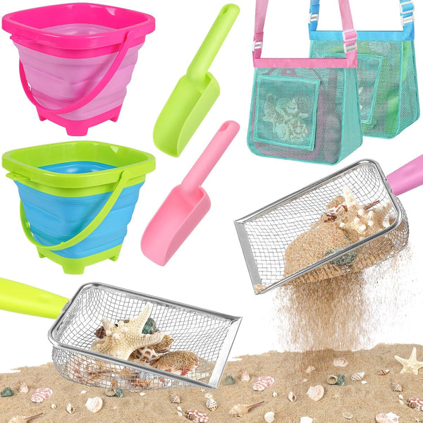 FHOZGECY Beach Toys, Sand Toys with 2 Collapsible Bucket, 2 Beach Mesh Shovel,