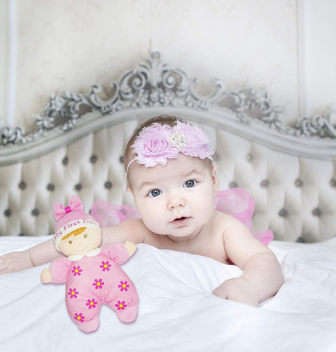 June Garden 9" My First Doll Sienna, Soft Plush Baby Doll with Rattle, Pink Outfit