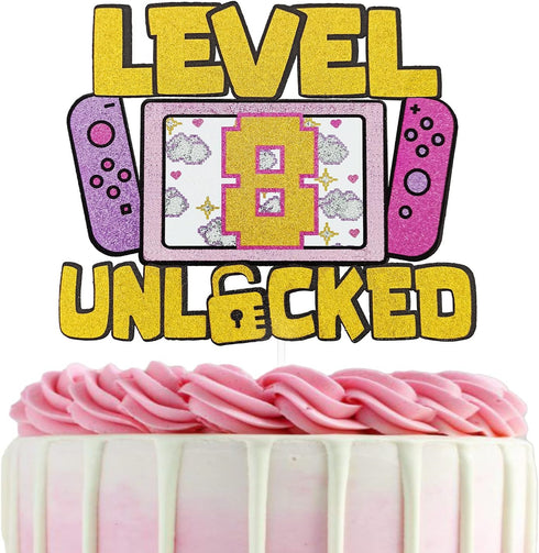 Girls Level 8 Unlocked Cake Topper, Glitter Gaming 8th Birthday Decoration, Video Game Theme Party Favor