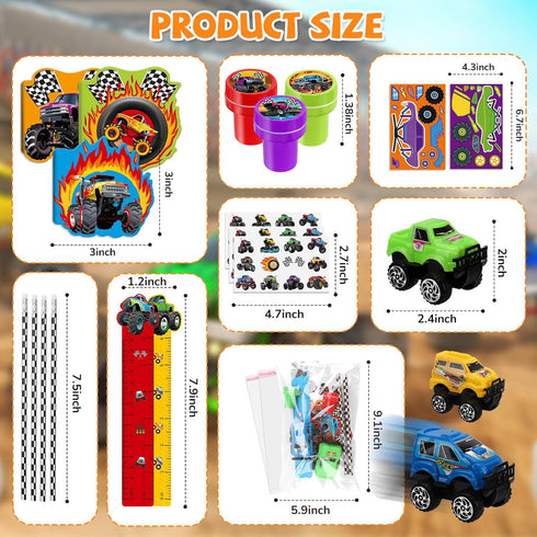 192Pcs Set BenLouis Monster Truck Party Favors Truck Car Birthday Stampers Stickers School Stationery Bulk for Kids