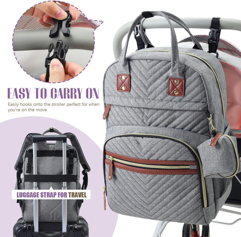 Diaper Bag Backpack, Grey Travel Essentials Tote Bag, Multi-Function Waterproof Backpack with Stroller Straps &