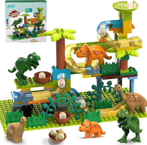 JIXIn Dinosaur Marble Runs for Kids 4-8, Compatible with DUPLO Lego Sets, 125 PCS Classic Big Blocks STEM Toys for Age