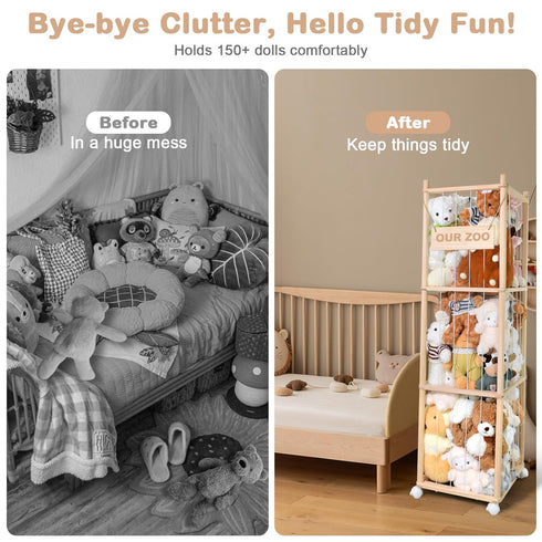 BENCHRY Bedroom-54 Inch Stuffed Animal Storage, Wooden Cute Zoo Toy Holder with Brake Wheels, Space Save Toy Organizer