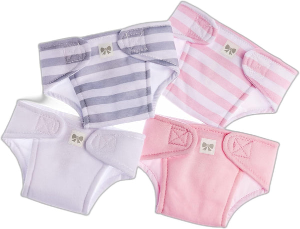 JC Toys Baby Doll Washable Eco Diapers 4 Pack, Fits 14 to 18 inch Dolls in Pink/White/Grey