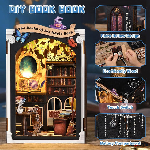Reenovan 3D Book Nook Kit, DIY Dollhouse Miniature House with LED Bookshelf Decor Home Decor, Wooden Puzzle Craft