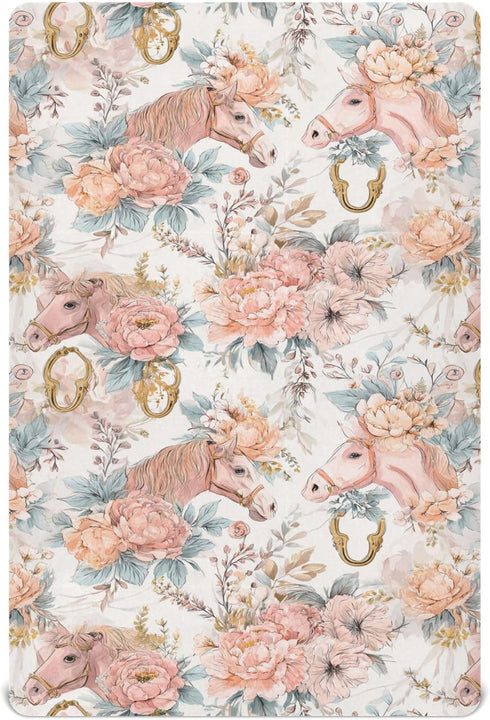Pigsaly Crib Sheets Watercolor Horse Roses Baby Sheet for Standard Crib Mattress Boys