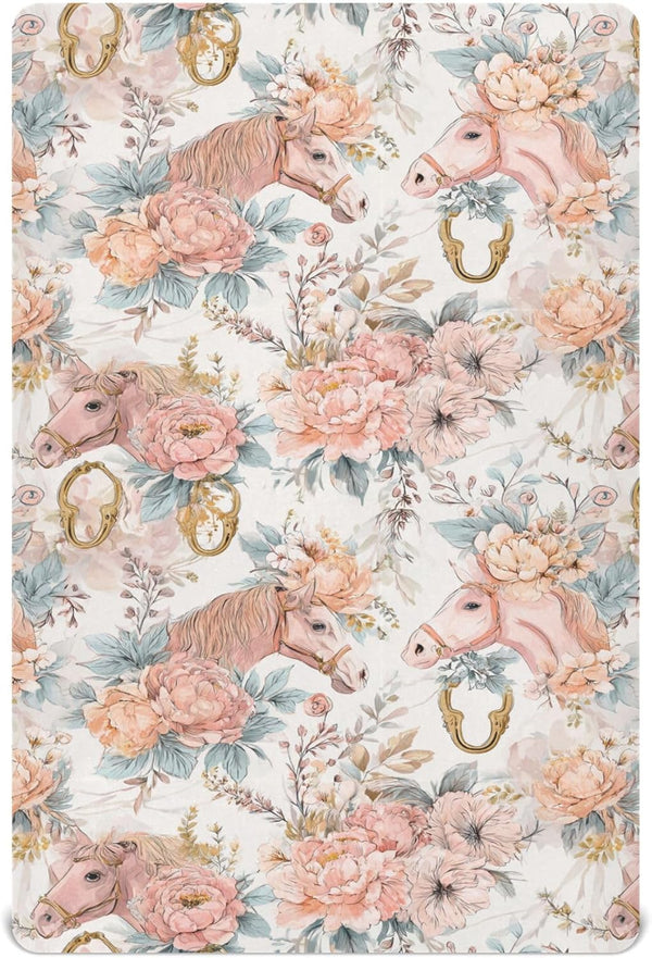 Pigsaly Crib Sheets Watercolor Horse Roses Baby Sheet for Standard Crib Mattress Boys
