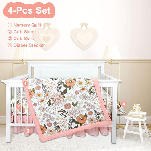 4-Piece Set Set Crib Bedding for Girls, Pink Baby Girl Bedding with Super Soft Crib Skirt, Reversible Baby Quilt, Crib