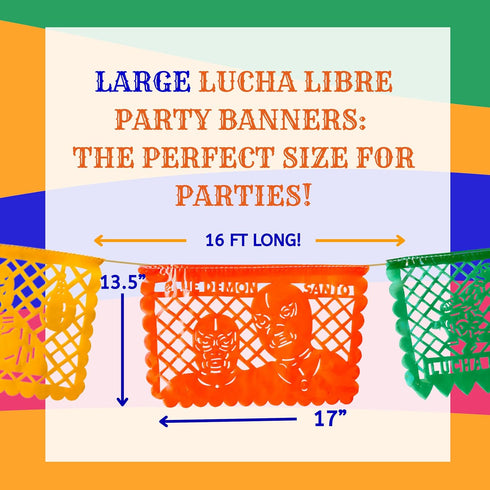 Lucha Libre Mexican Party Decorations, Papel Picado Banner (Plastic, 16-ft) for Birthdays, BBQs, Wrestling Events