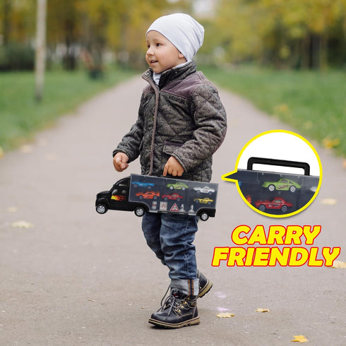 6 12 Playkidiz Car Carrier Toy Trucks for Kids - Car Transporter Toys Truck Includes Toy Cars and Accessories - Toy Car