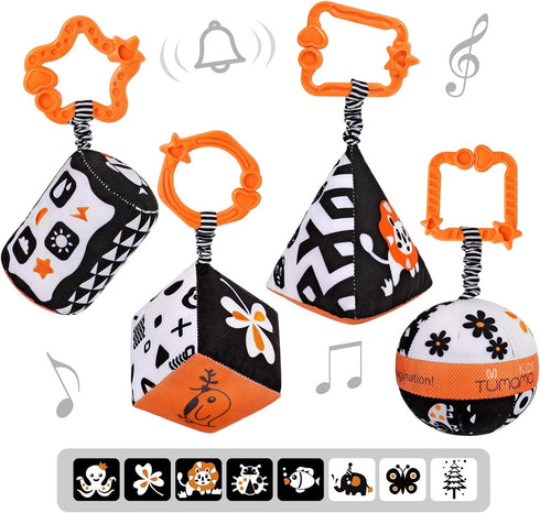 TUMAMA High Contrast Shapes Baby Toys, Black and White Stroller Toy for Car Seat, Plush Rattles for 0-12 Months (4