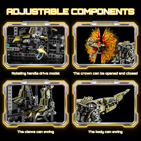 HJPLPXH 1277 Set Pcs Mechanical Dilophosaurus Building Blocks Steampunk Dinosaur Model with LED Eyes and Manual Linkage