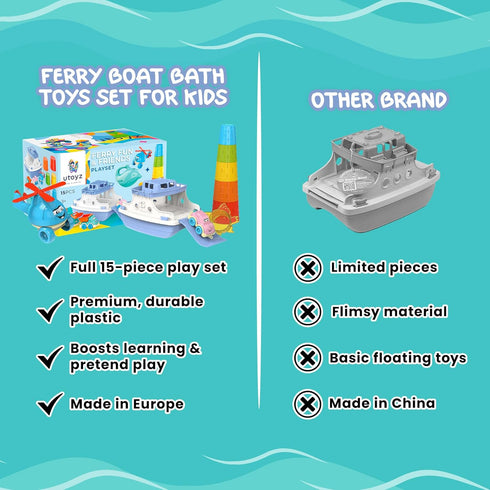 utoyz 15pcs 1 Ferry Fun & Friends & Baby Bath Toys with Ferry Boats, Cars for Bathtub, Trucks, Helicopter, Stacking